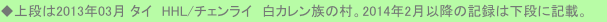 ◆上段は2013年03月 タイ　HHL/チェンライ　白カレン族の村。2014年2月以降の記録は下段に記載。