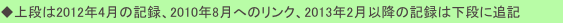 ◆上段は2012年4月の記録、2010年8月へのリンク、2013年2月以降の記録は下段に追記